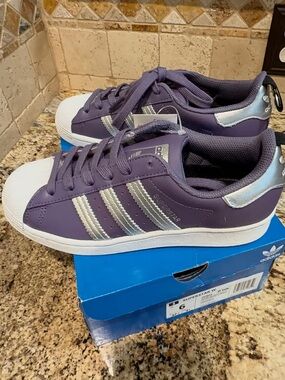 NWT AND BOX adidas Women's Superstar Sneakers - Purple with Silver Accents